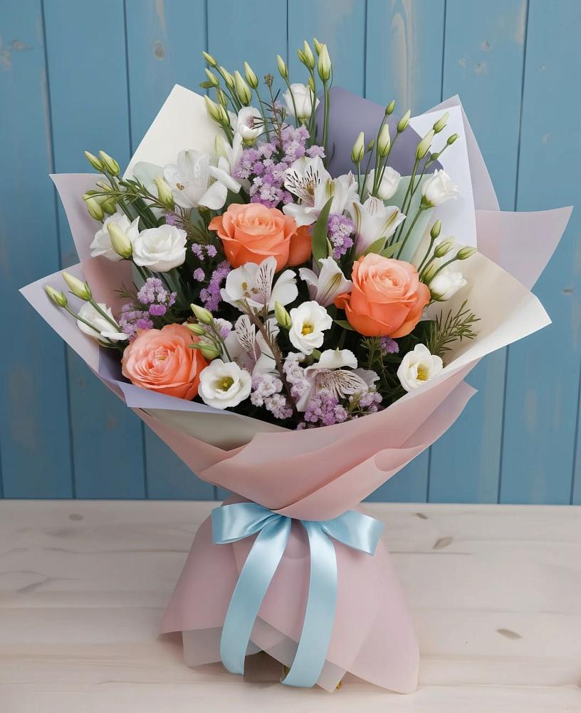 Букет цветов из: Лизиантусы, Розы, Альстромерии и Гипсофила в Упорово