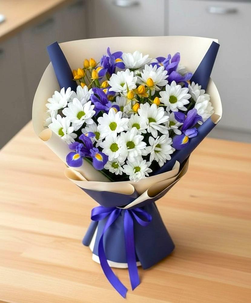 Букет цветов из: Розы, Ирисы и Хризантемы в Упорово