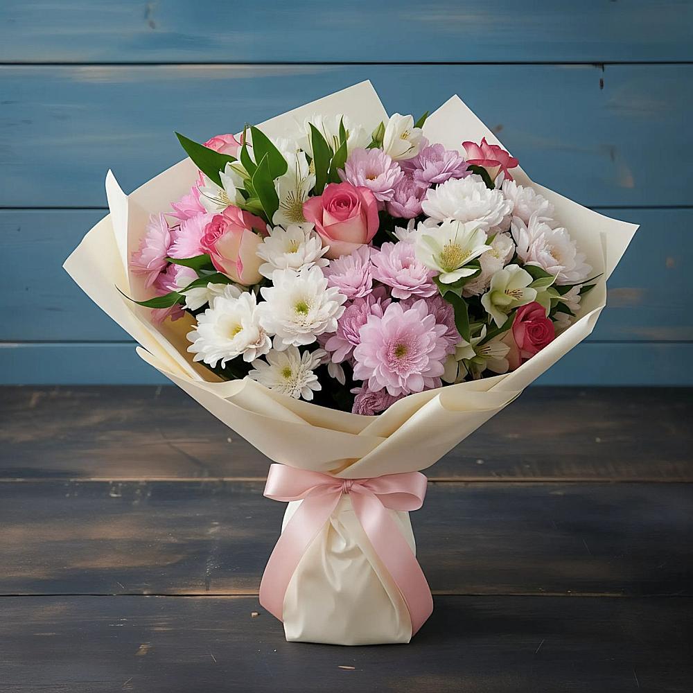 Букет цветов из: Хризантемы, Альстромерии и Розы в Упорово